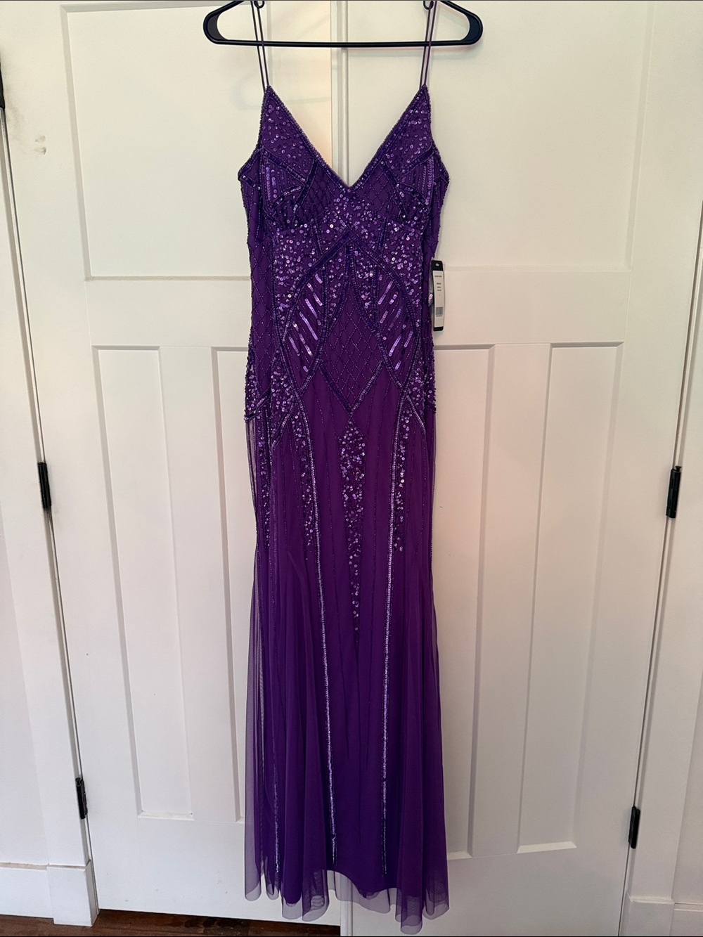 bebe Purple Beaded Spaghetti Strap Prom Gown